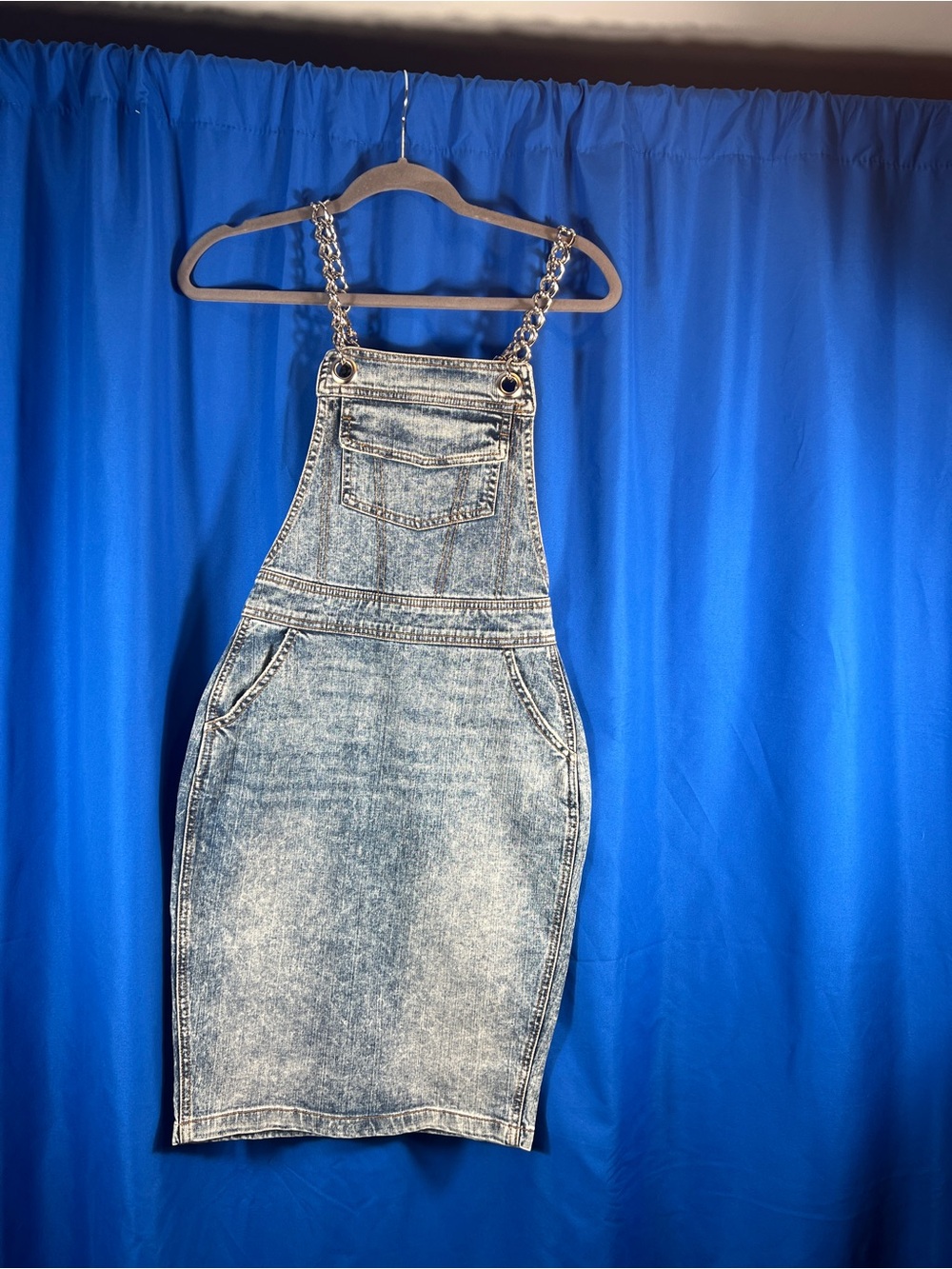 S by Serena Acid Wash Denim Overall Dress with Chain Straps
